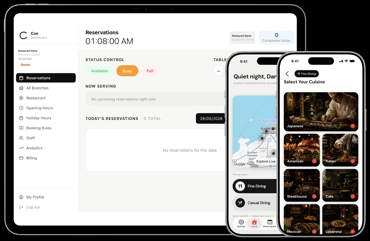 Cue restaurant dashboard and app